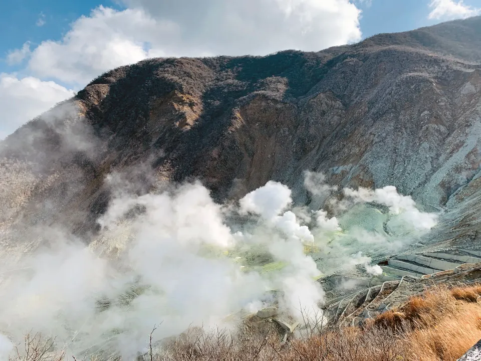 Volcanic steam on a mountainside